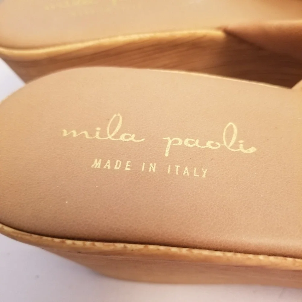 Milla Paoli Italian Leather Platform Wedge Sandals Metallic Silver Peach Tan 9
